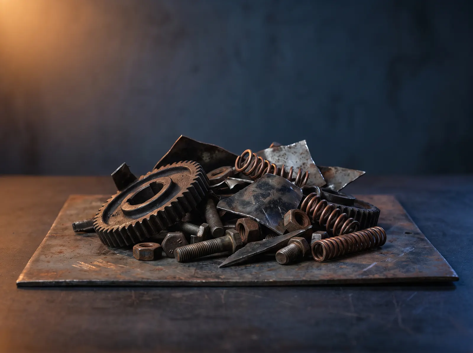 A heap of scrap metal, gears and bolts on a rusted plate
