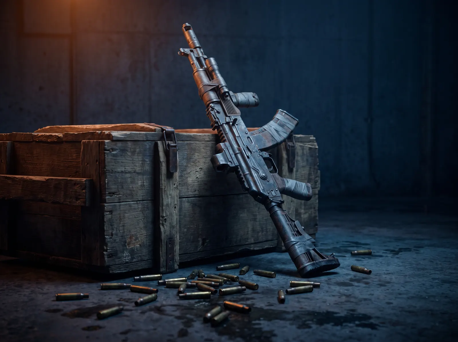 An improvised rifle leaning on a wooden crate with spent casings