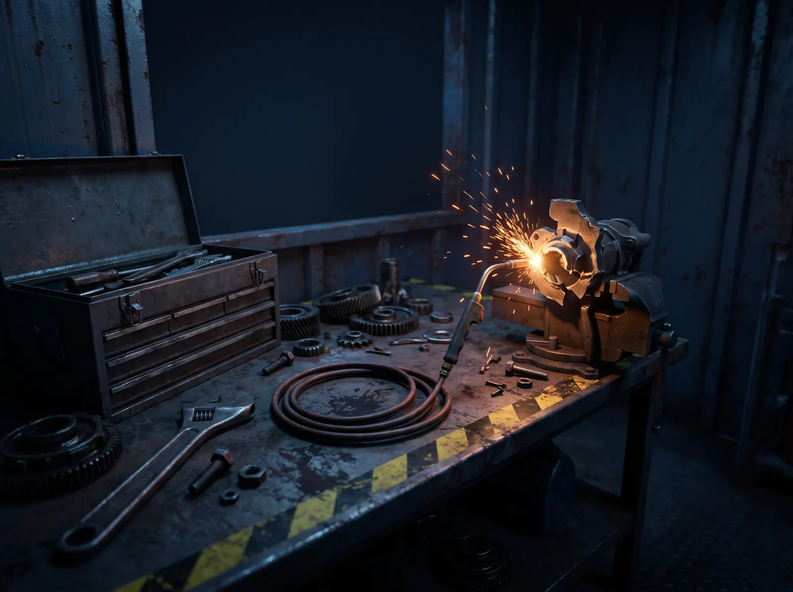 A welding torch throwing sparks over a broken part on a scrap-metal workbench